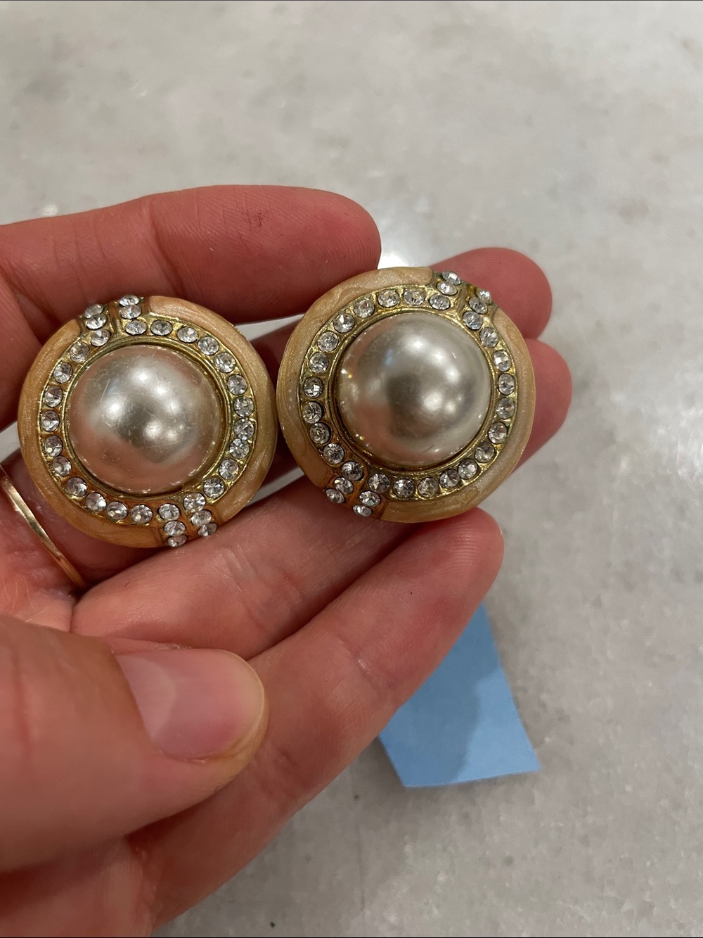 Pearl and Crystal Round Clip-On Earrings - Gold and Cream
